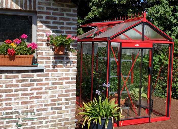 Petite serre de jardin en verre avec une structure rouge